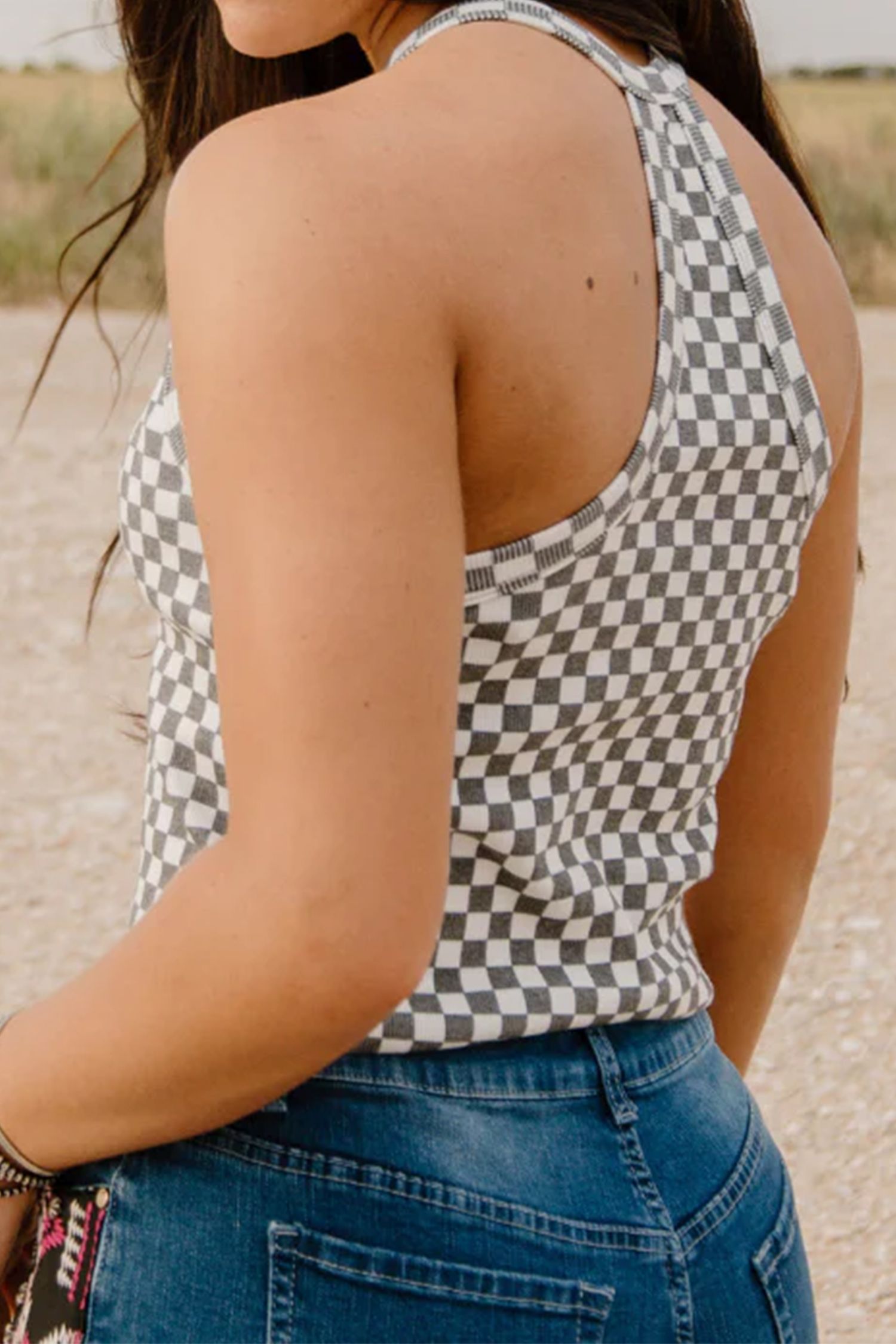 Gray Checkered Ribbed Halter Tank