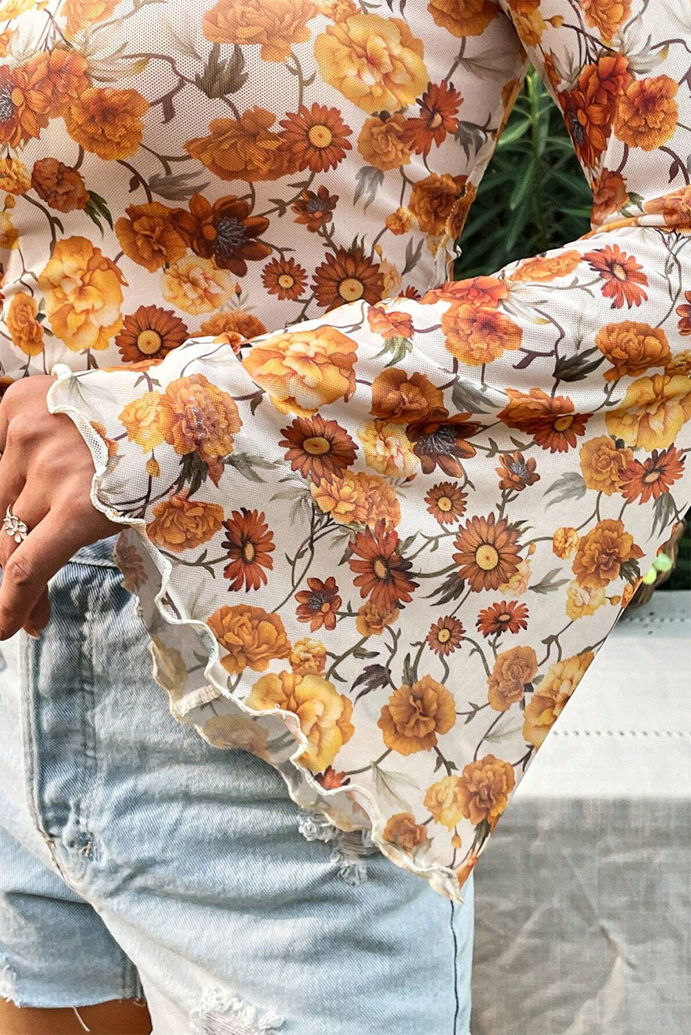 Orange Floral Bell Sleeve Mock Neck Blouse
