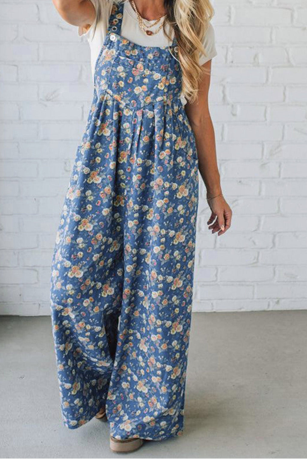 Vintage Rose Printed Loose Denim Jumpsuit