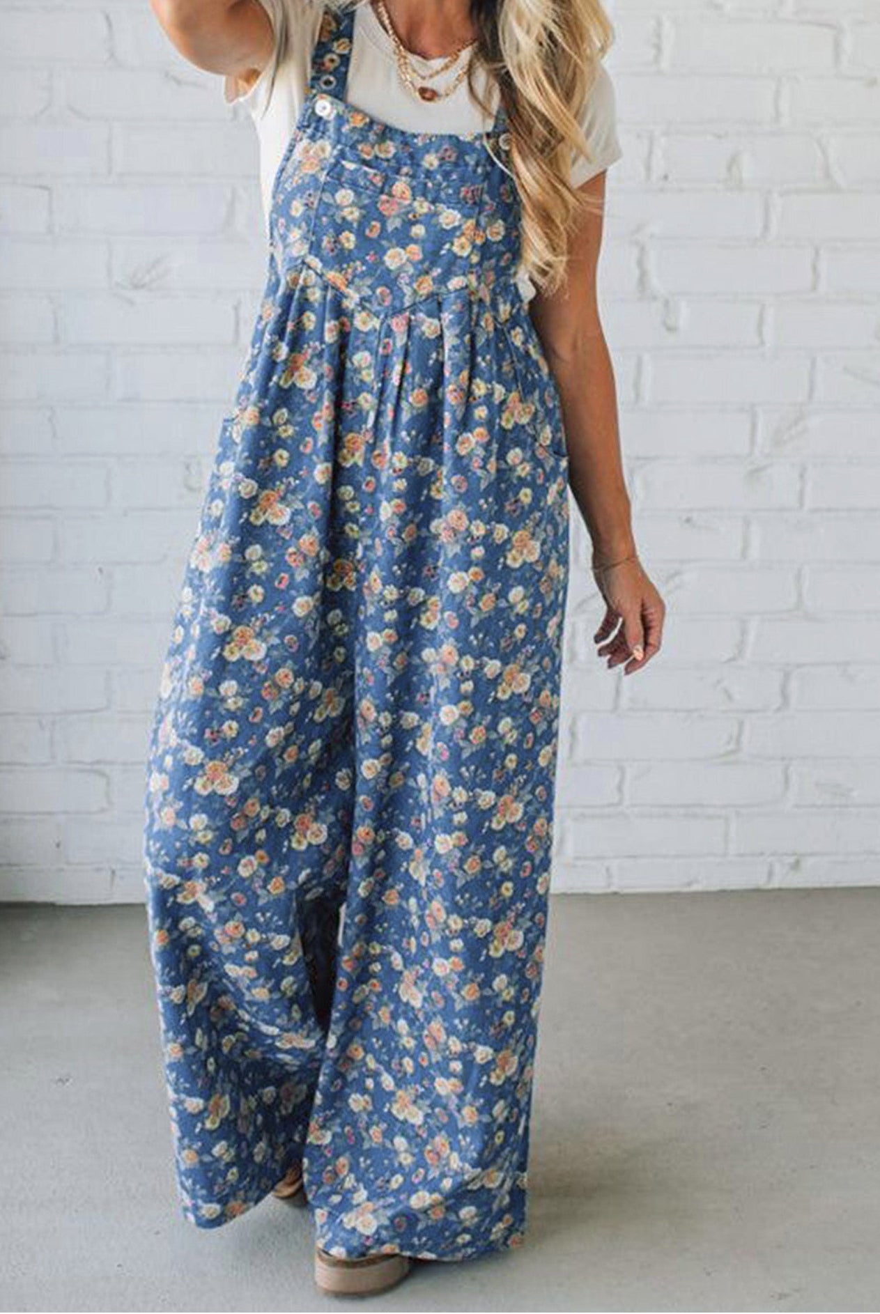 Vintage Rose Printed Loose Denim Jumpsuit