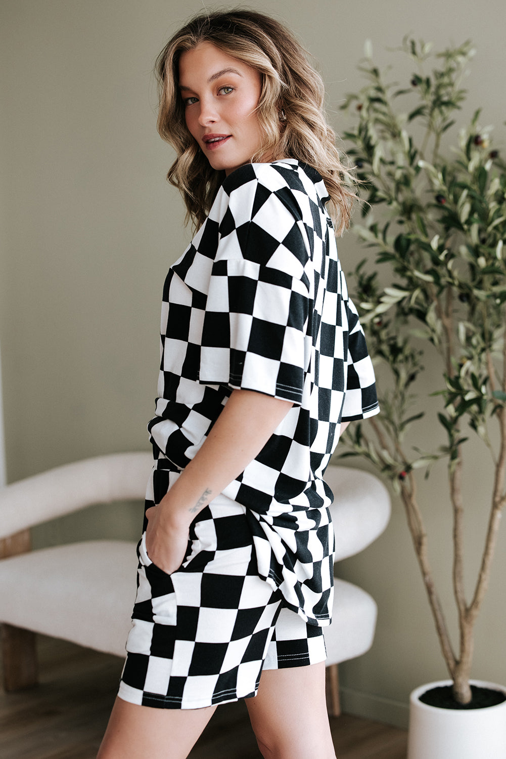 Checkered V Neck Lounge Set