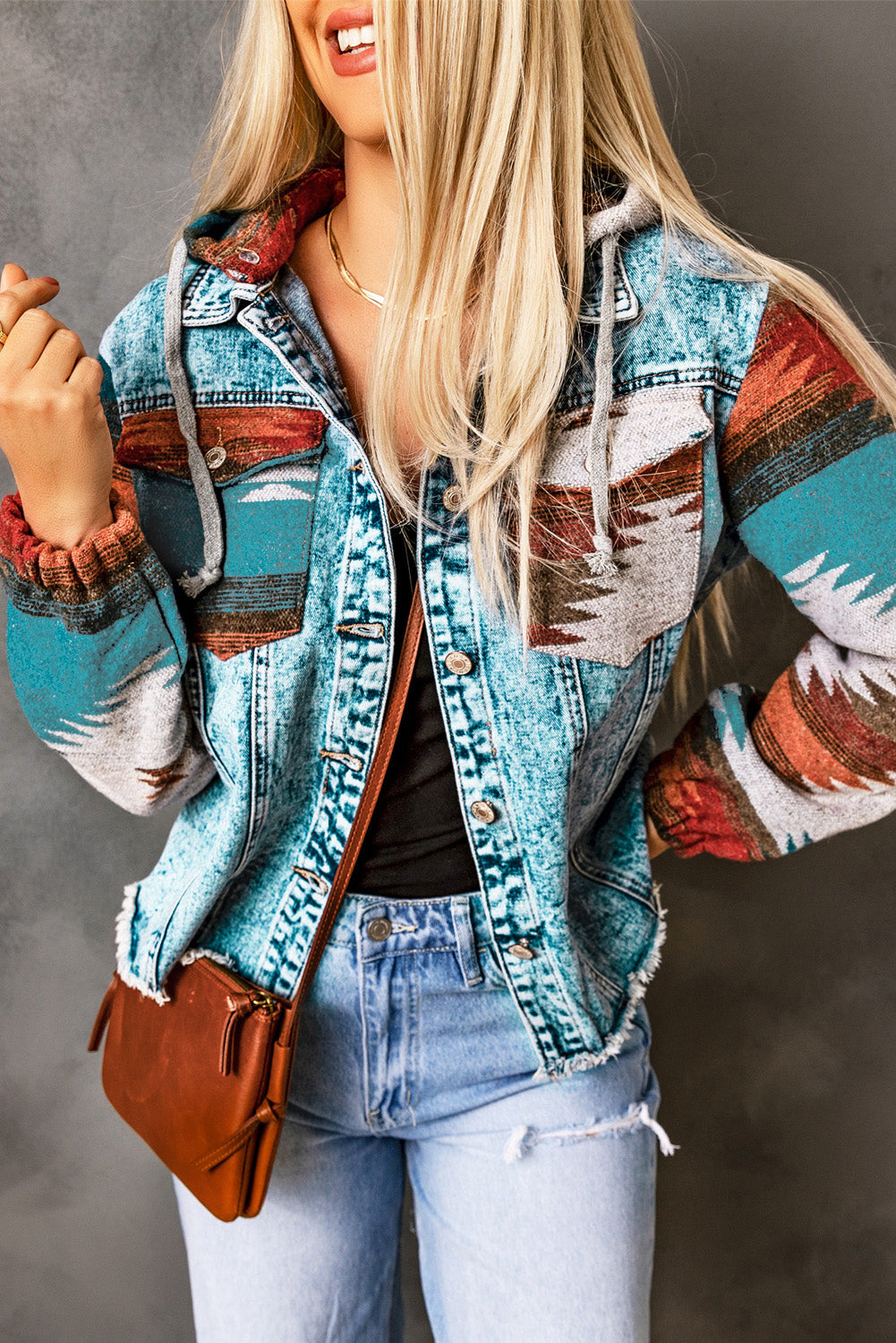 Frayed Hem Aztec Denim Jacket