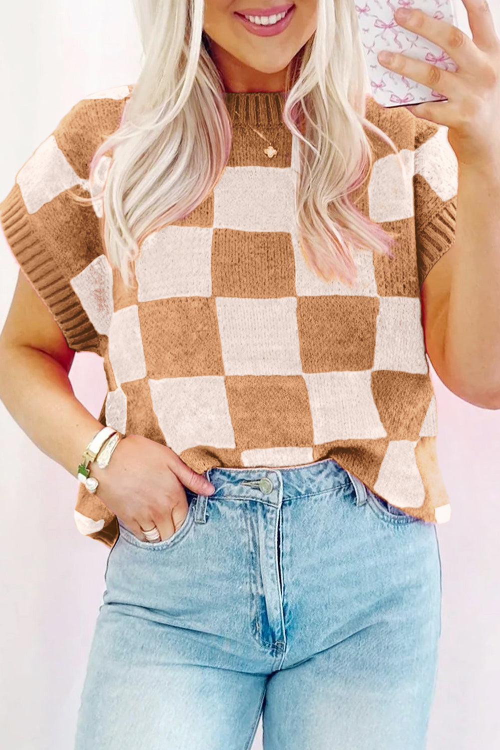 Light French Beige Colorblock Plaid Pattern Ribbed Trim Sweater Tank Top
