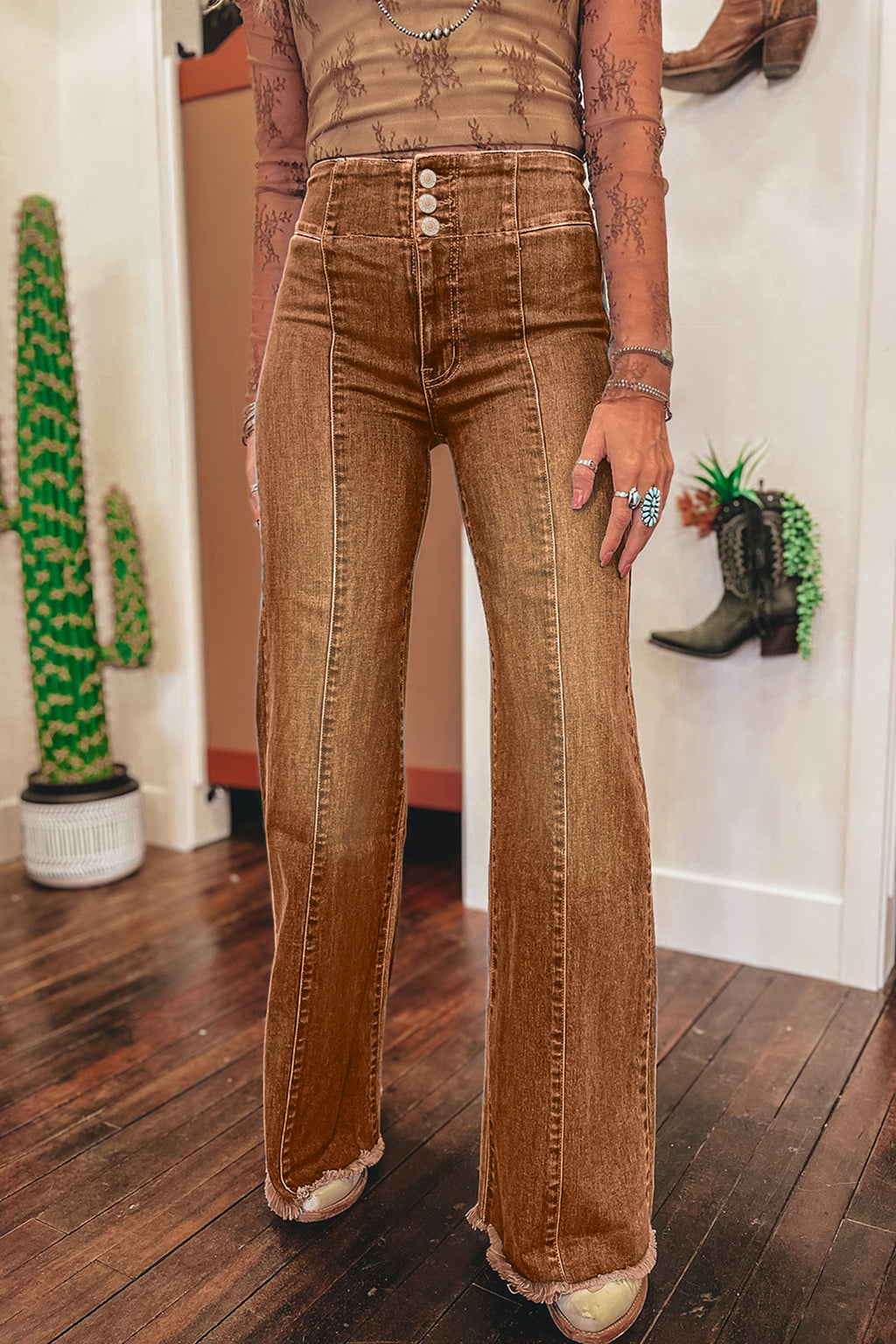 High Waist Raw Hem Flare Jeans