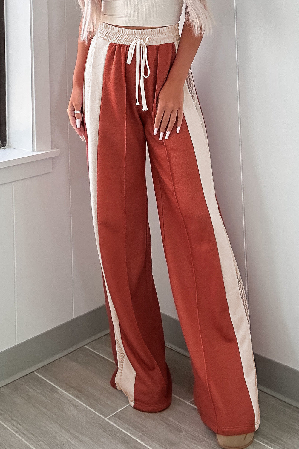 Color Block Drawstring Wide Leg Pants