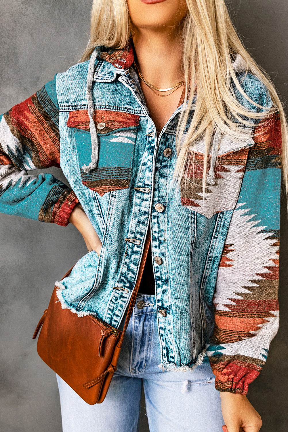 Frayed Hem Aztec Denim Jacket