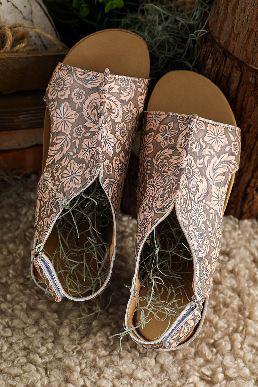 Vintage Floral Faux Leather Platform Sandals