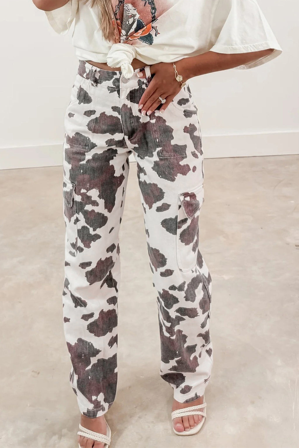 Cow Print Cargo Jeans