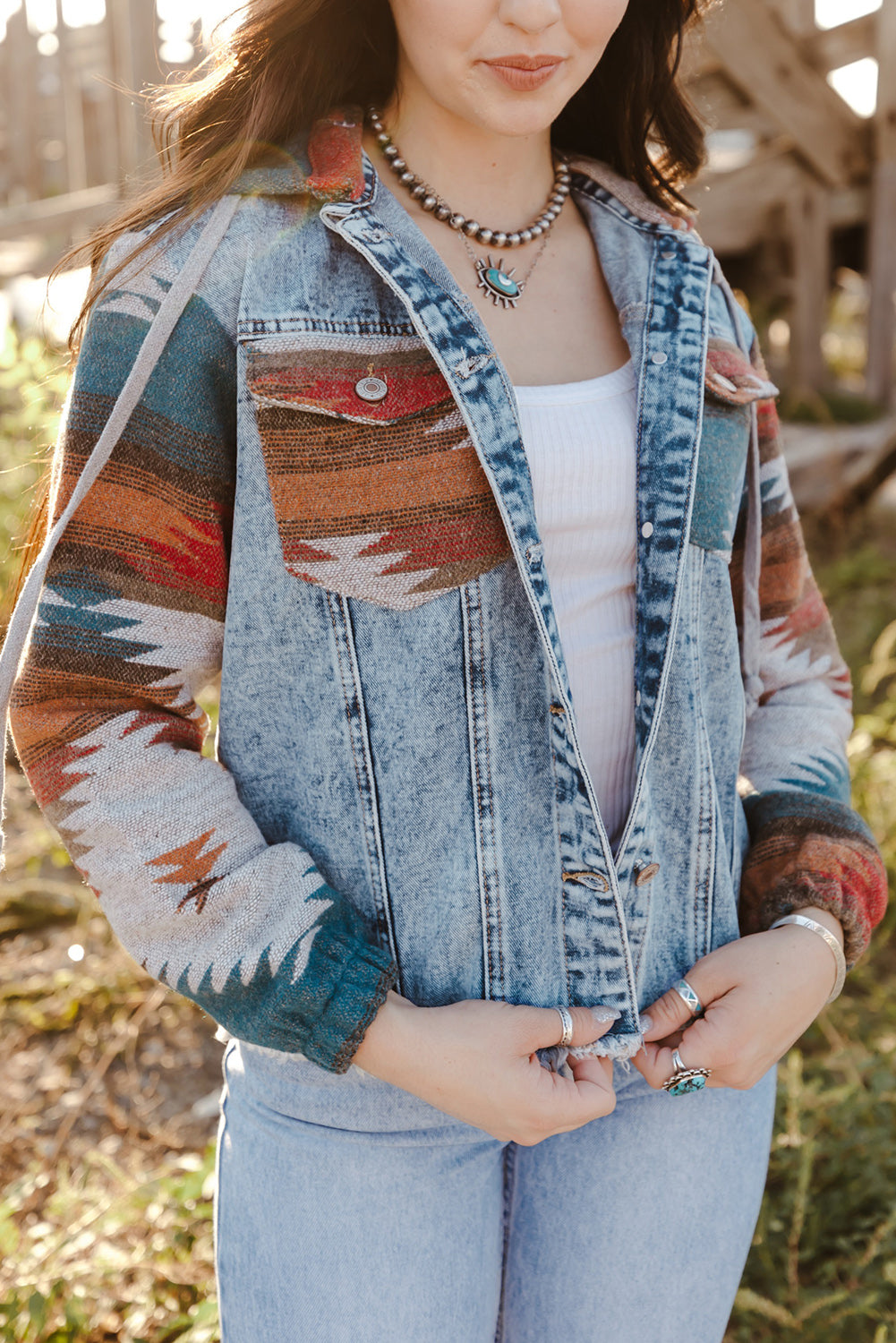 Frayed Hem Aztec Denim Jacket