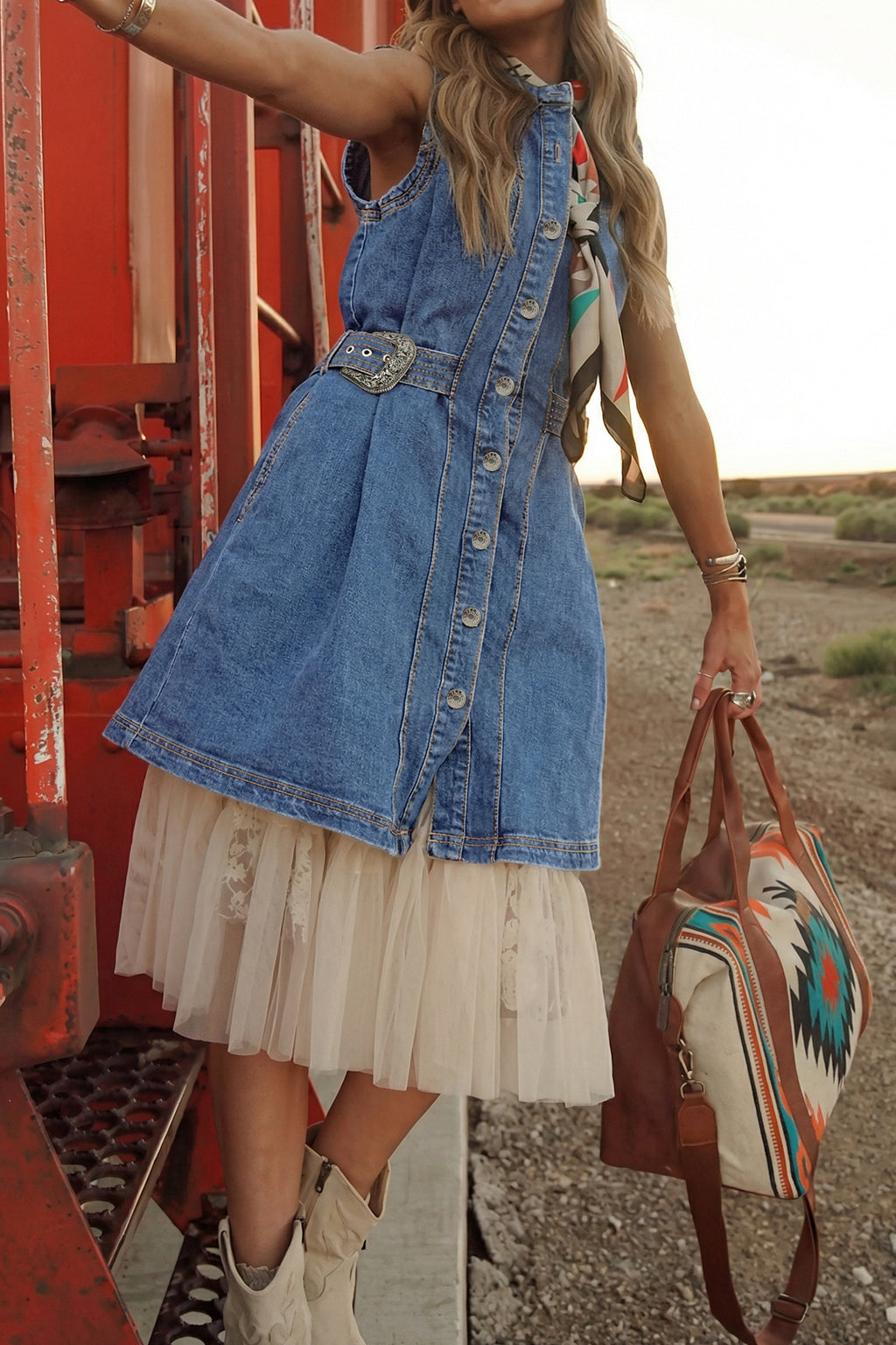 Belted Button Down Denim Mini Dress