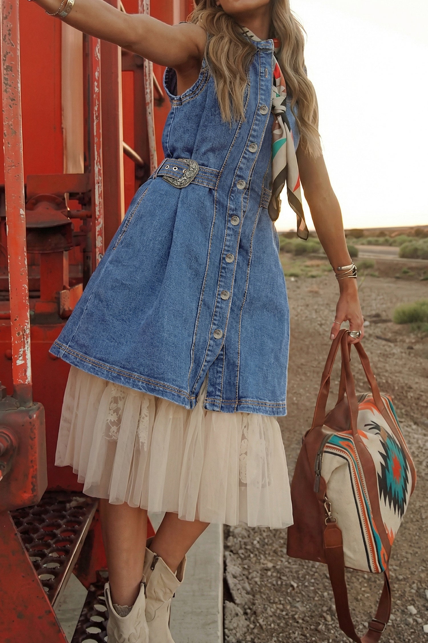 Belted Button Down Denim Mini Dress