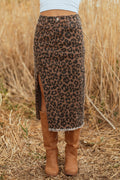 Leopard Frayed Split Denim Skirt