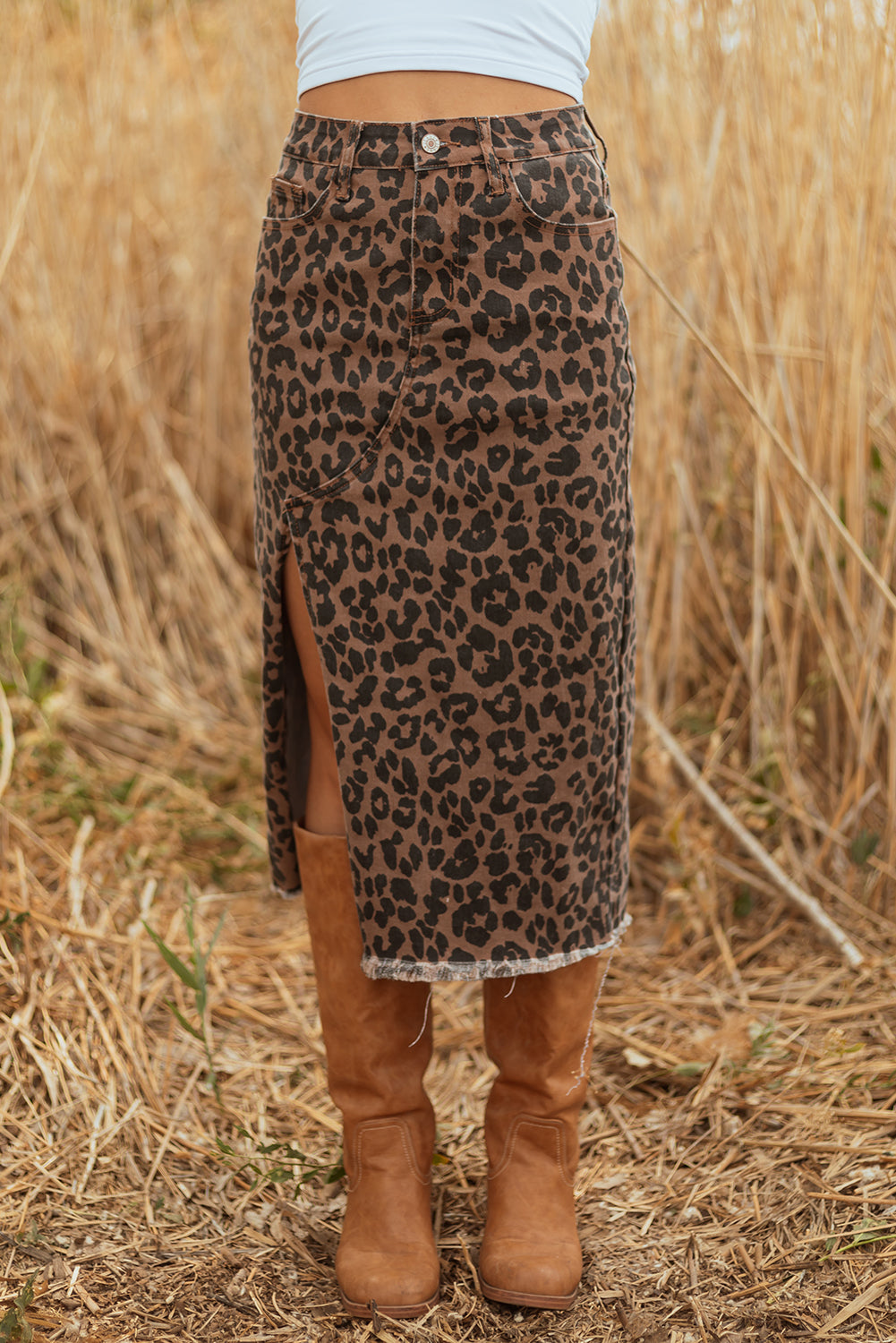 Leopard Frayed Split Denim Skirt