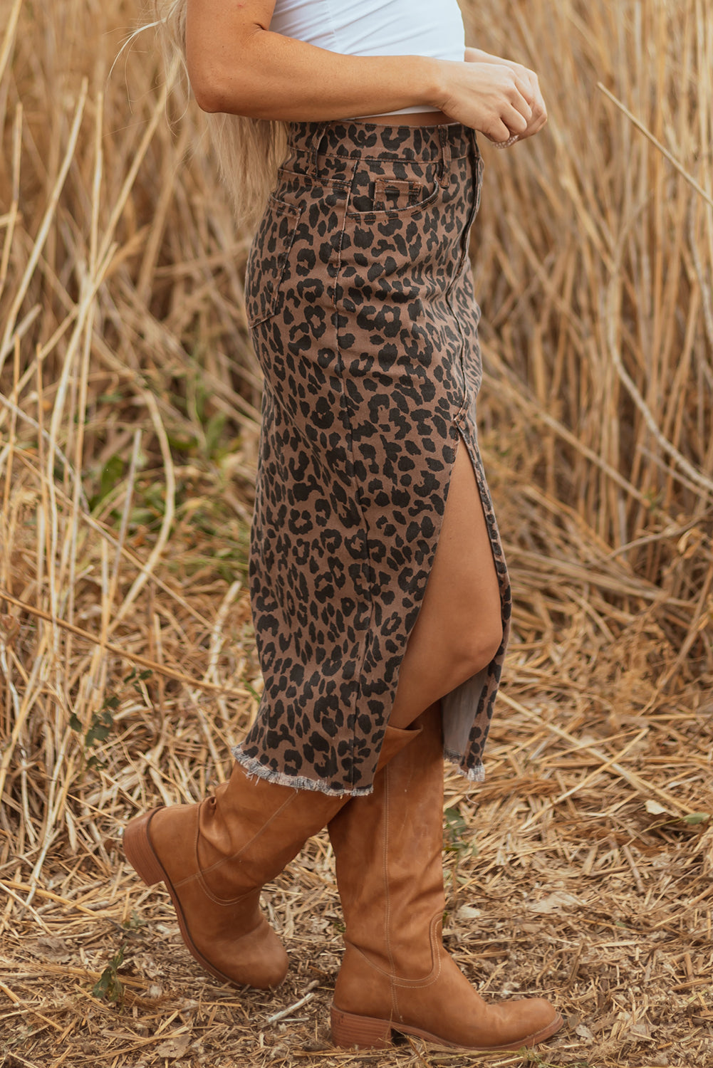 Leopard Frayed Split Denim Skirt