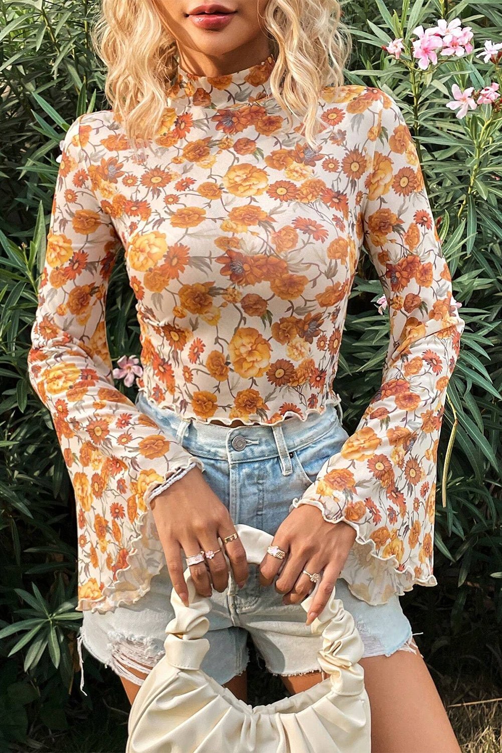 Orange Floral Bell Sleeve Mock Neck Blouse
