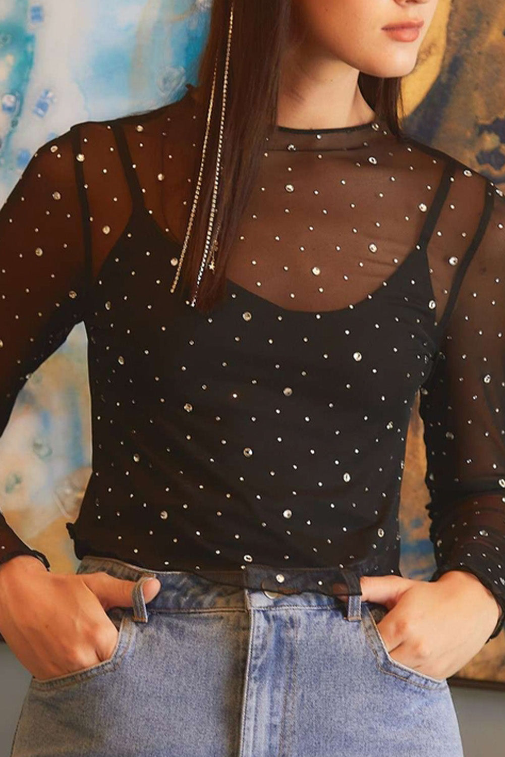 Black Rhinestone Mesh Top