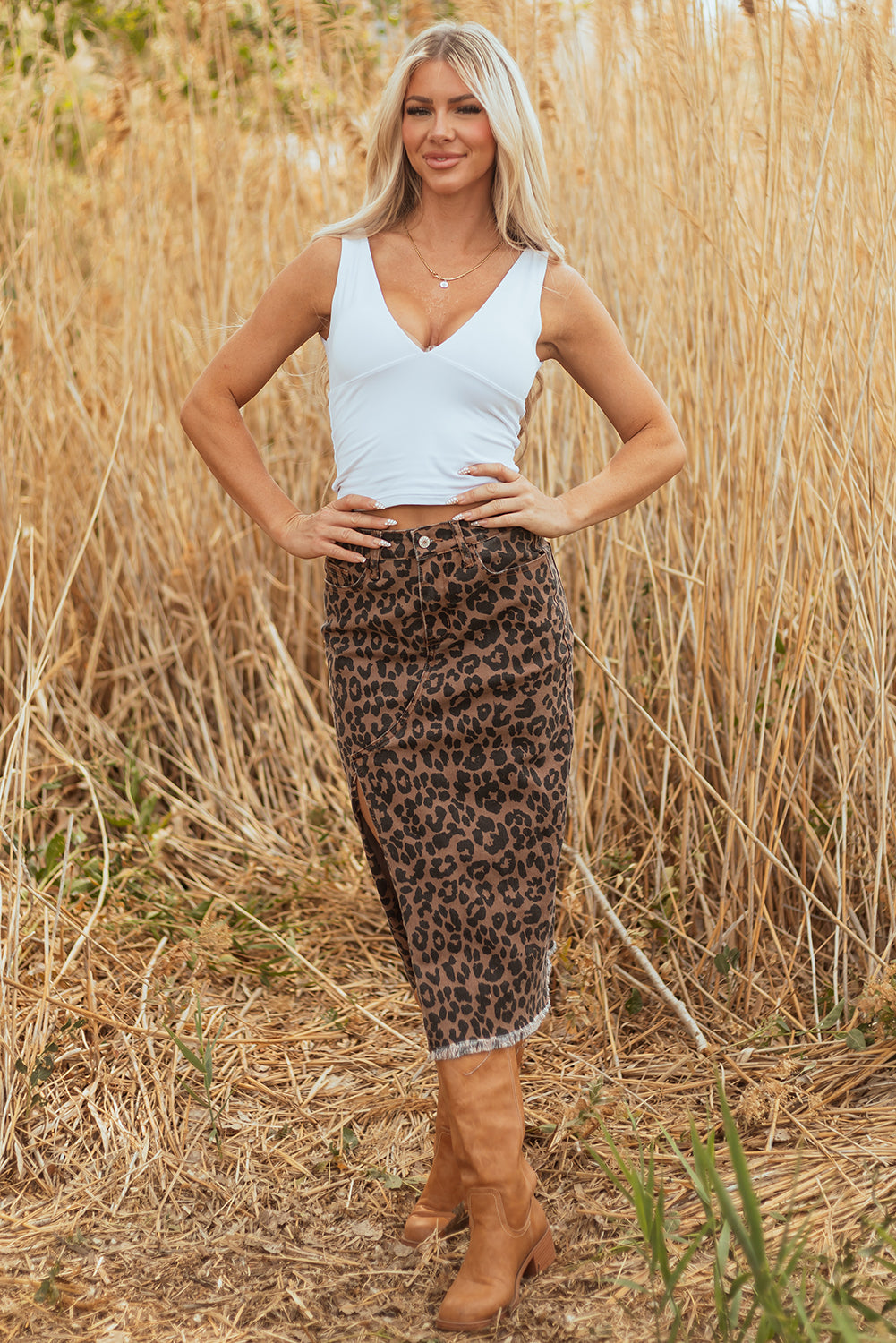 Leopard Frayed Split Denim Skirt