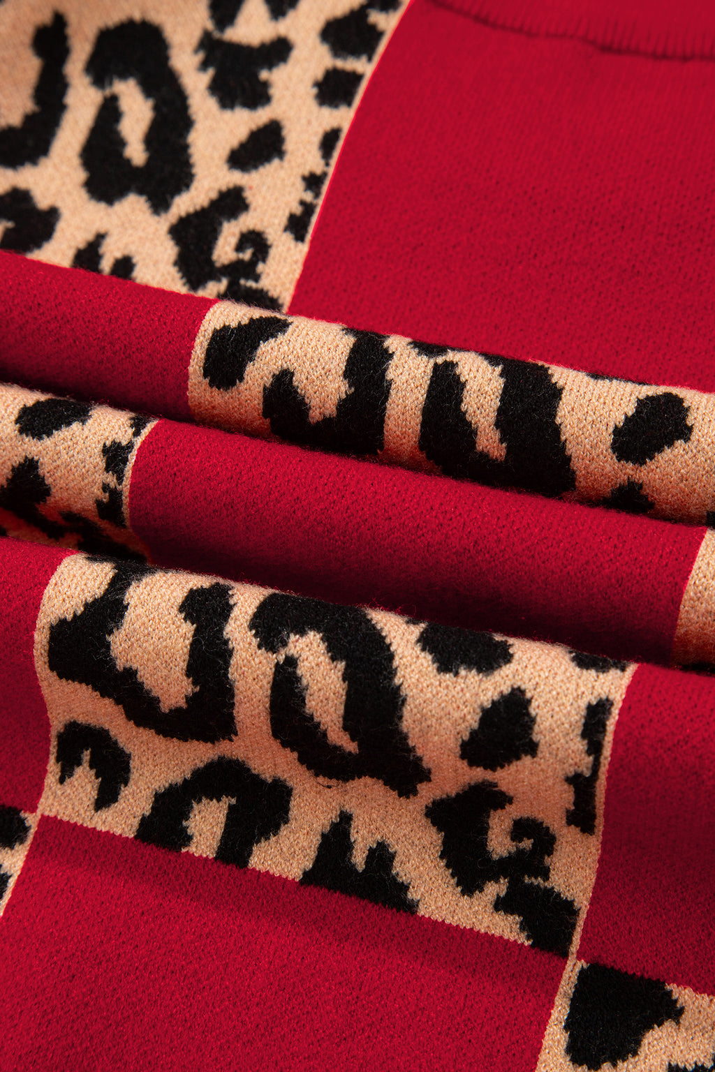 Red Leopard Checkered Short Sleeve Knit Sweater