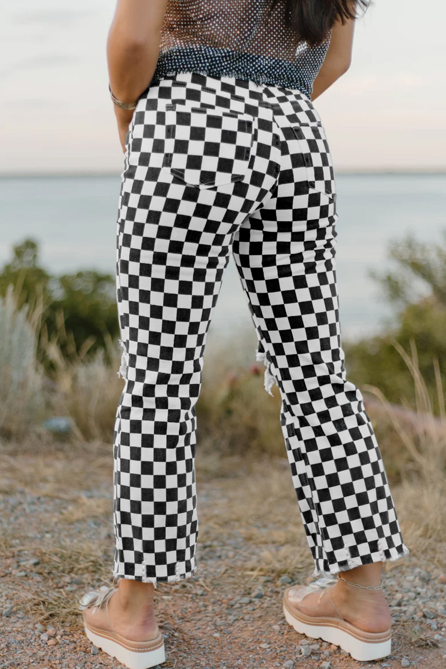 Checkered Distressed Cropped Jeans