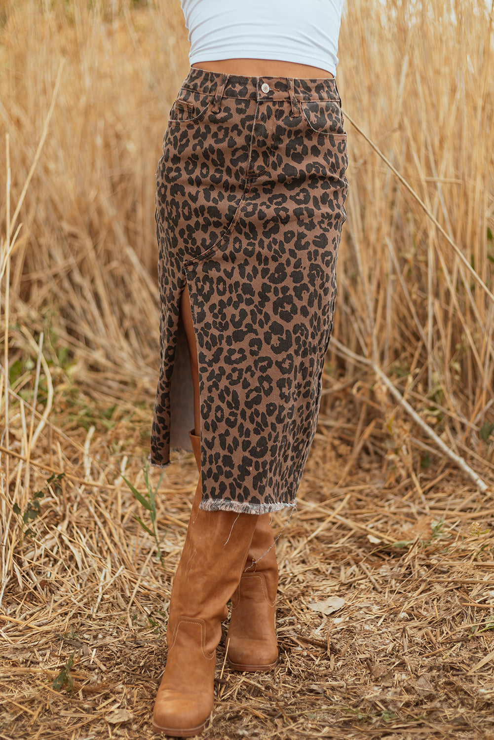 Leopard Frayed Split Denim Skirt