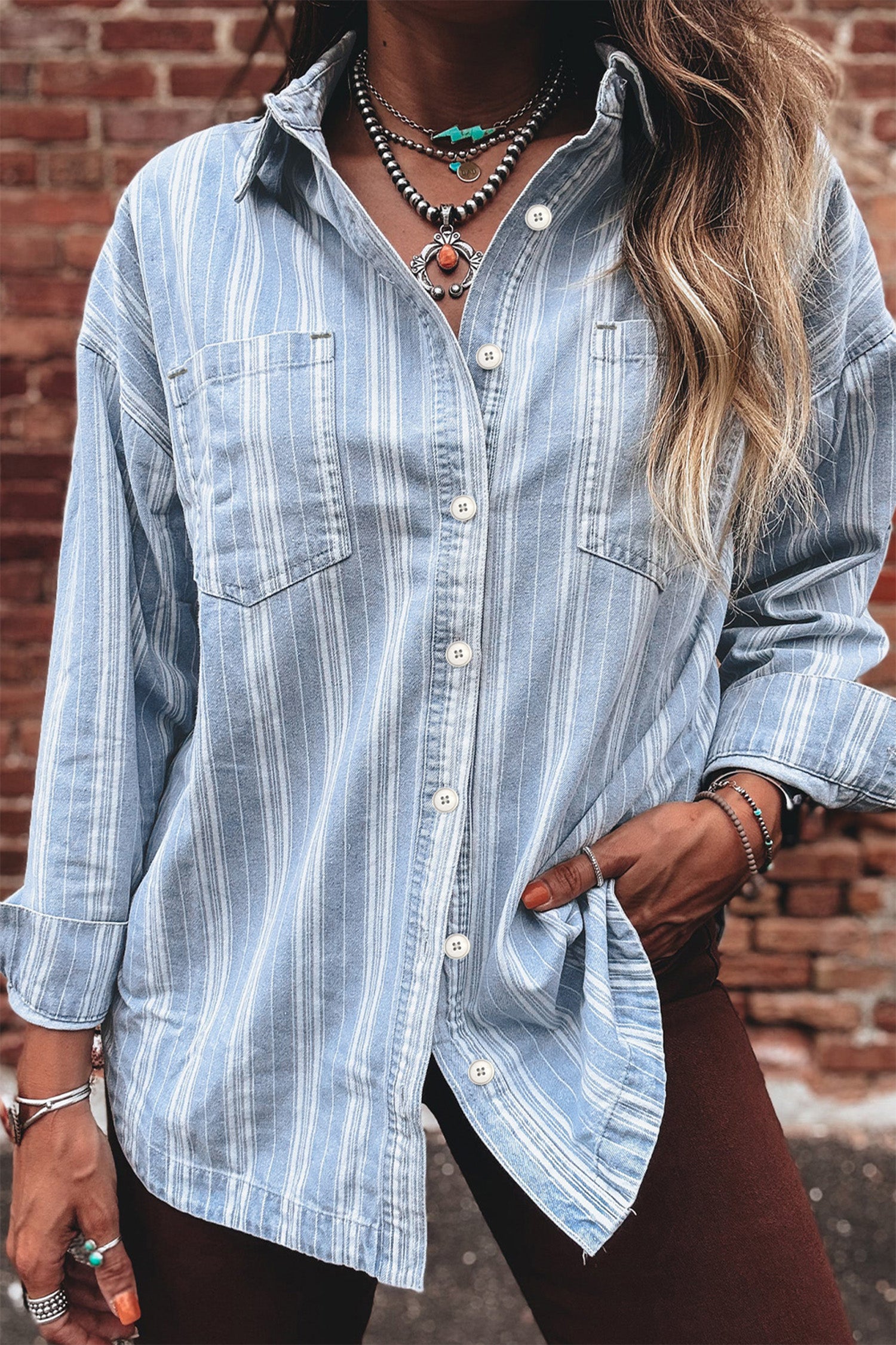 Striped Boyfriend Denim Button Up