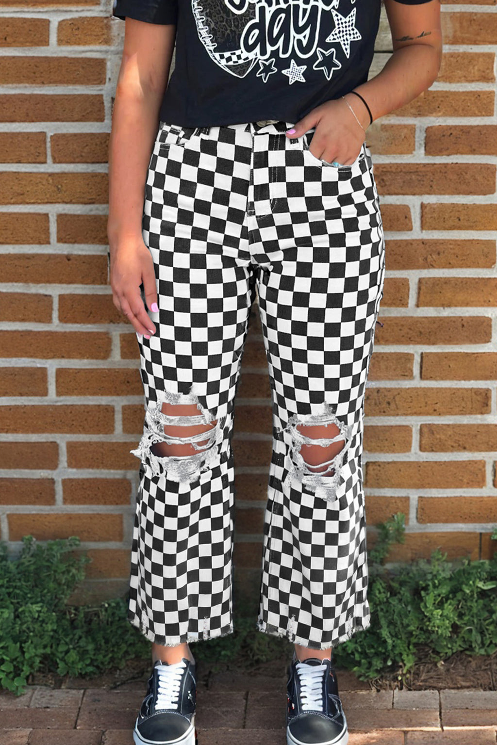Checkered Distressed Cropped Jeans