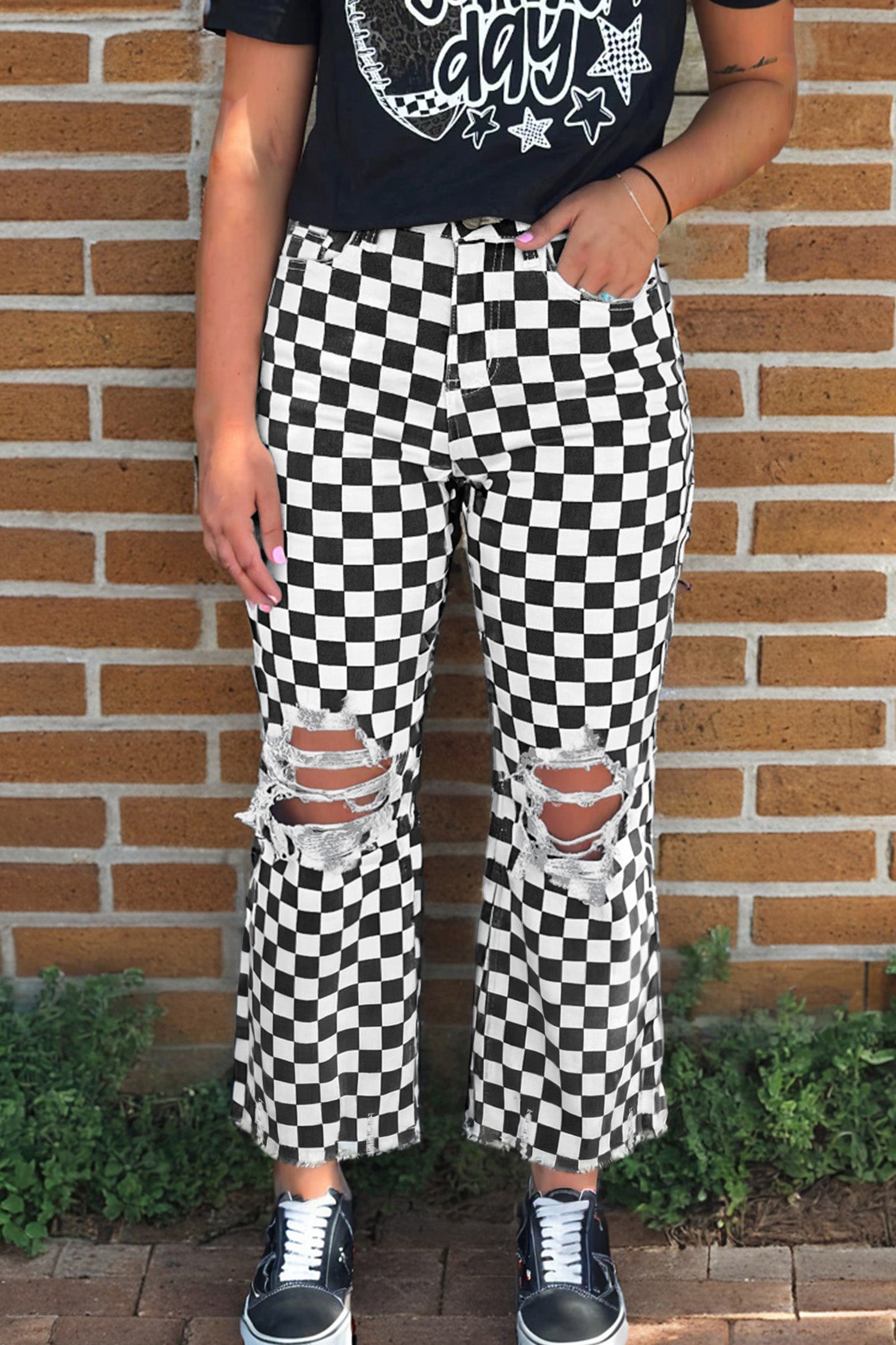 Checkered Distressed Cropped Jeans