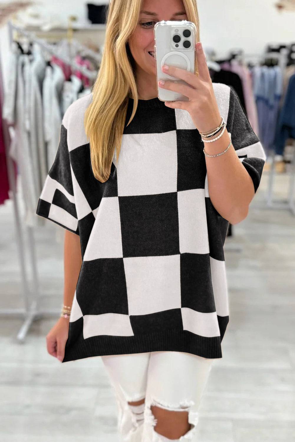 Checkered Drop Shoulder Sweater