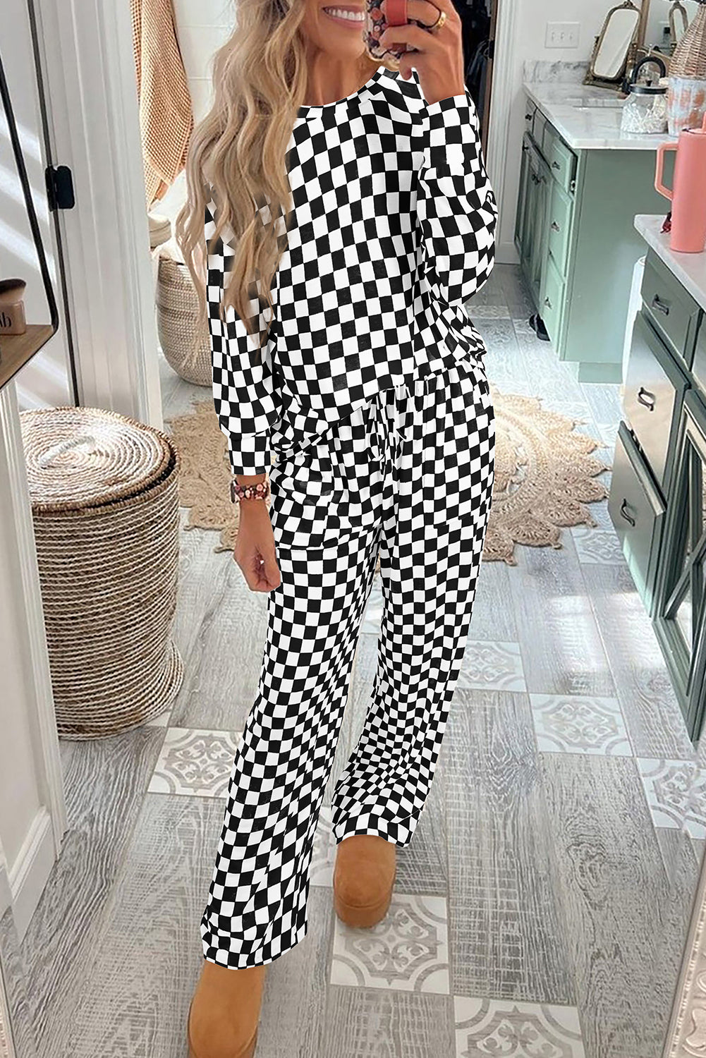Checkered Long Sleeve Two-Piece Lounge Set