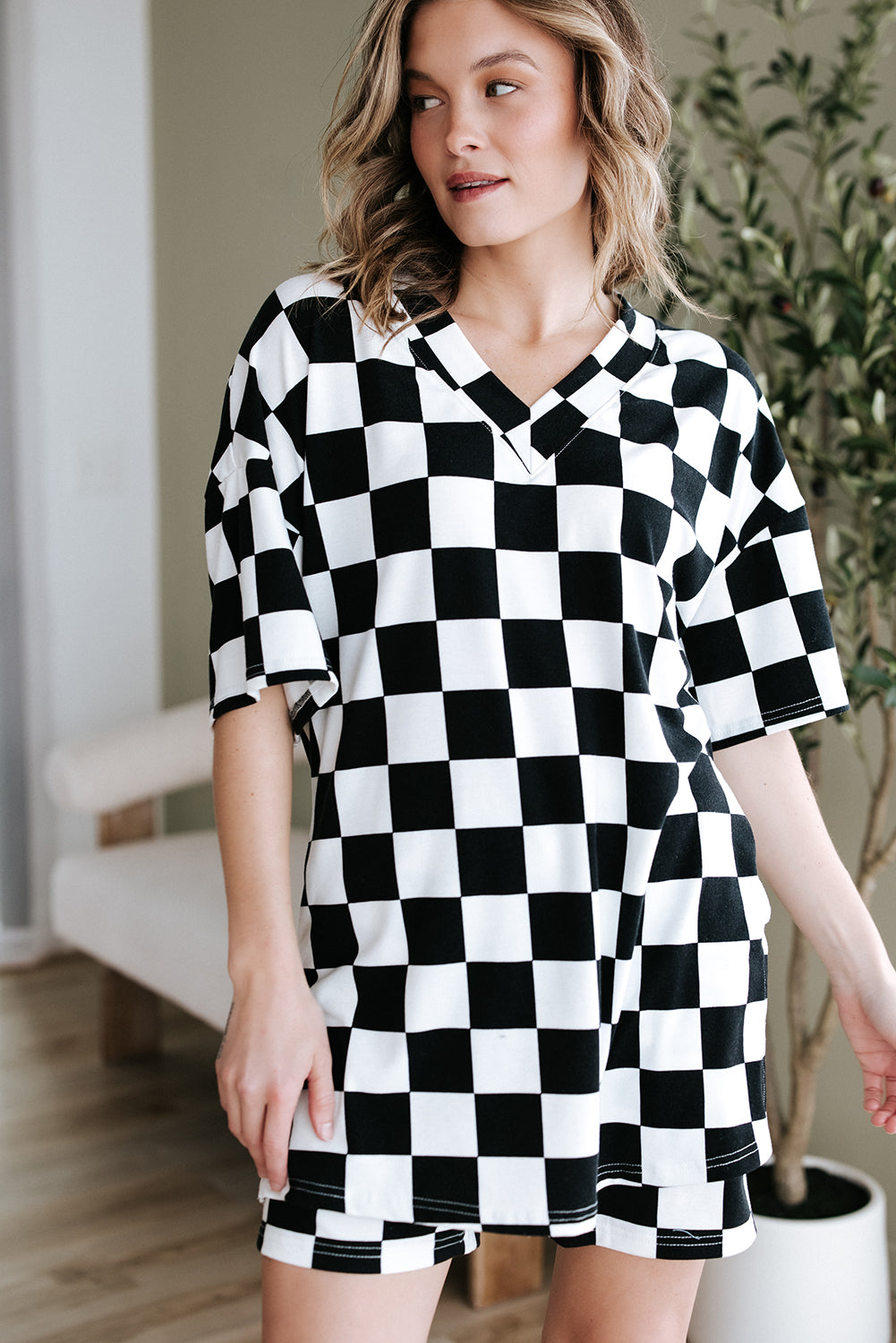 Checkered V Neck Lounge Set