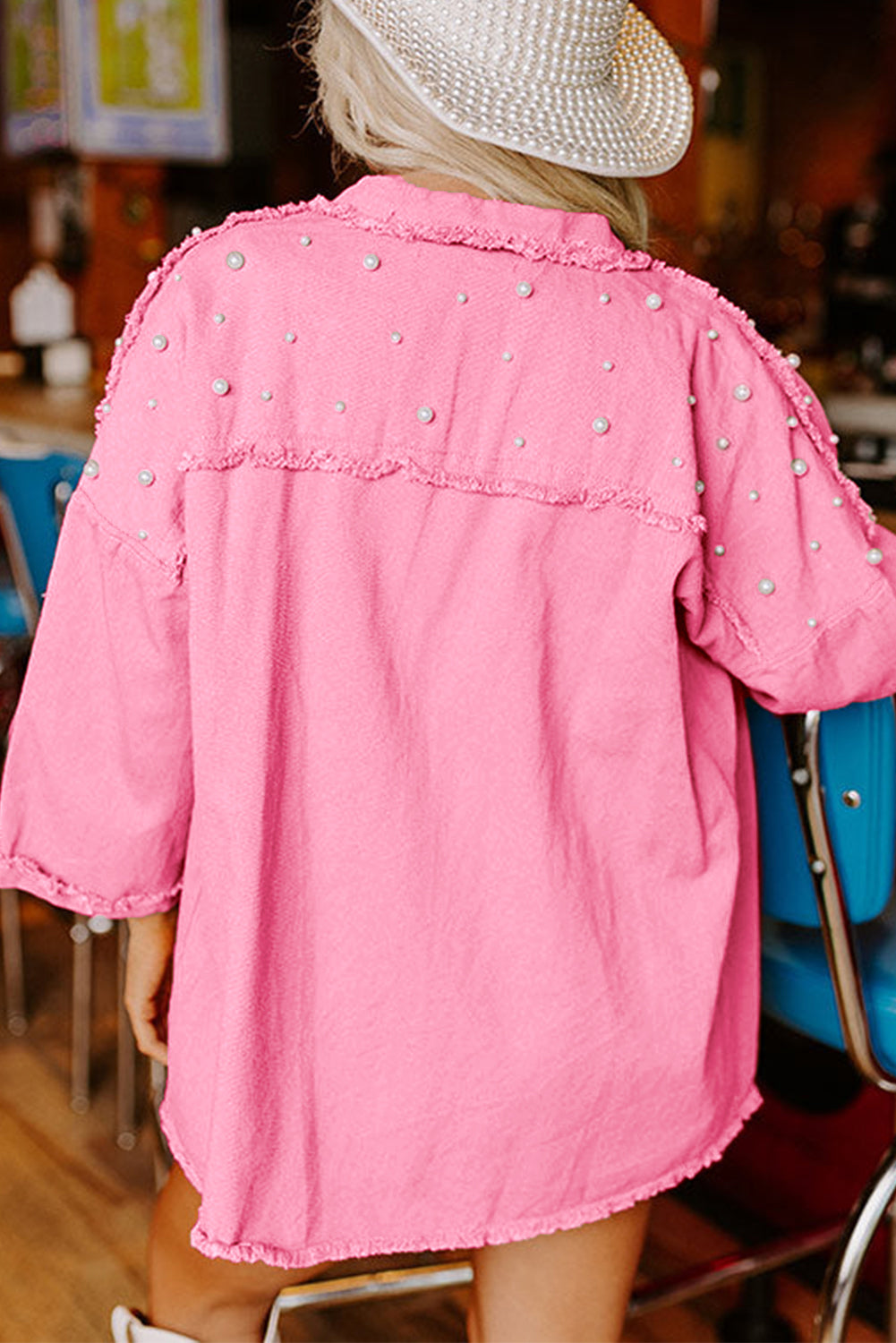 Pearl Beaded Raw Hem Denim Jacket