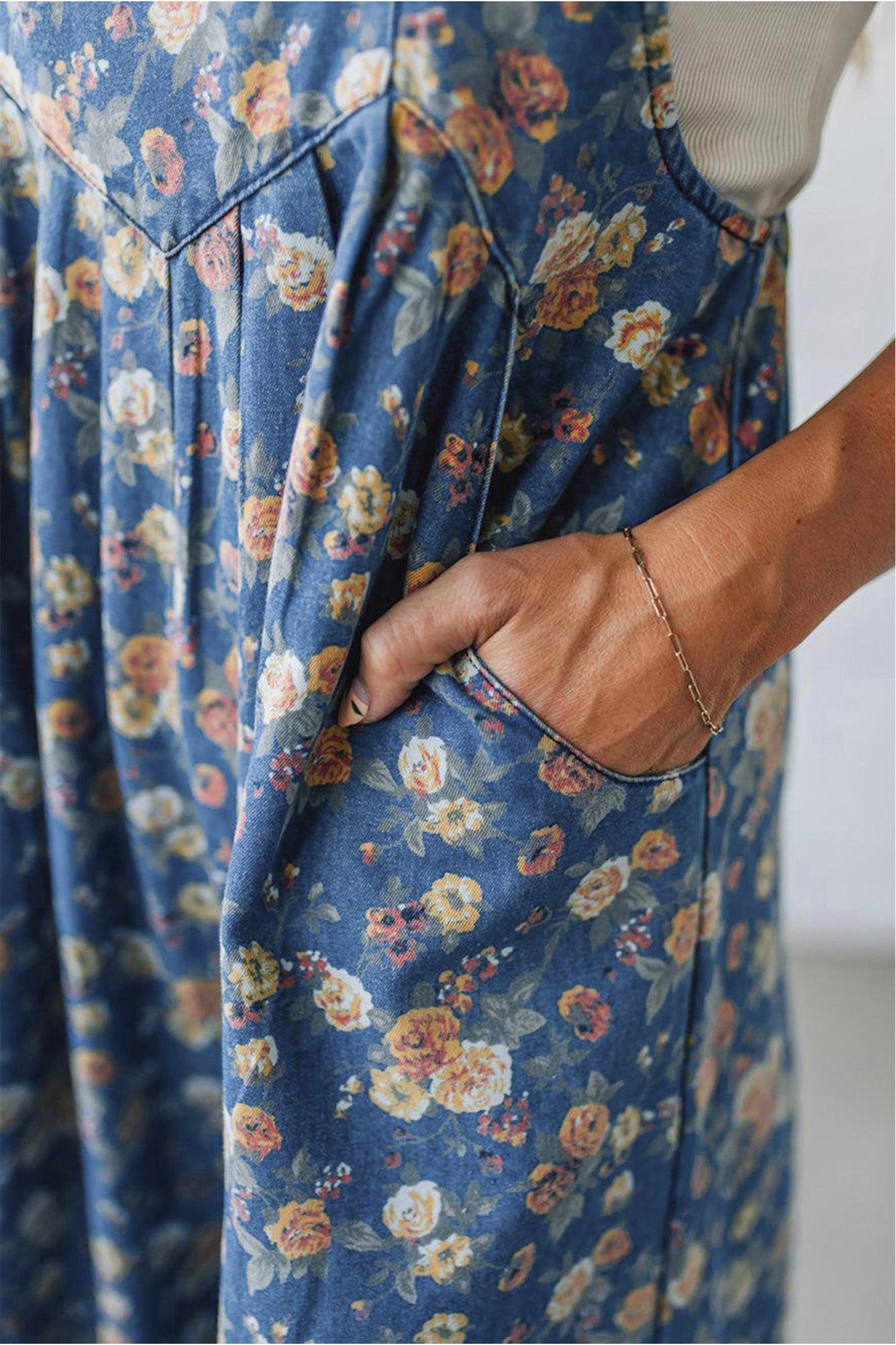 Vintage Rose Printed Loose Denim Jumpsuit
