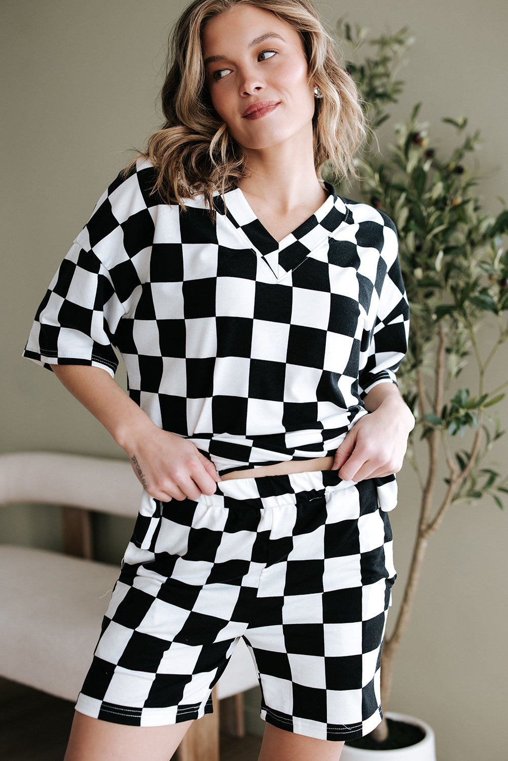 Checkered V Neck Lounge Set