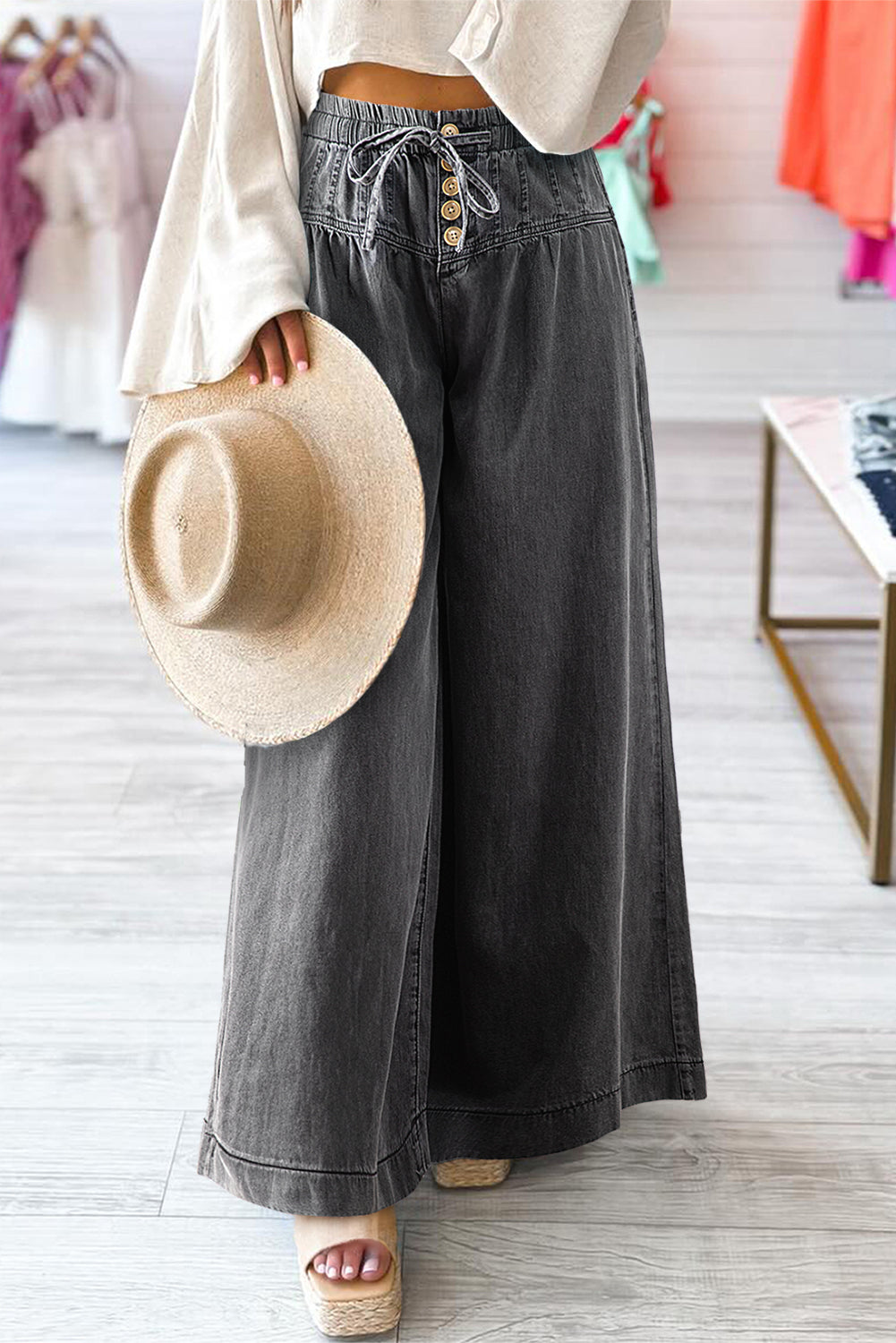 Mineral Wash Button Fly Wide Leg Jeans