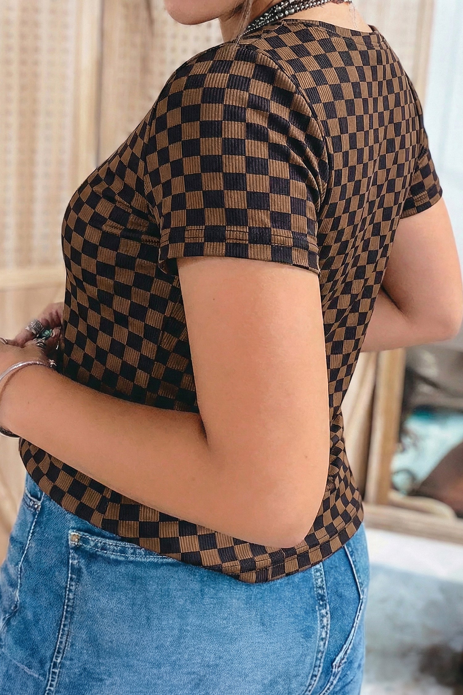 Checkered Round Neck T Shirt