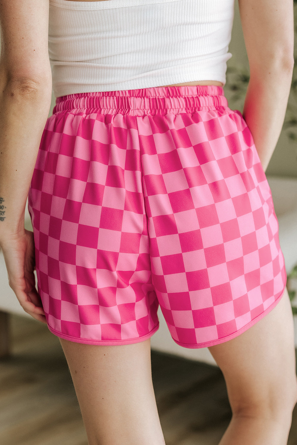 Pink Checkered Casual Shorts