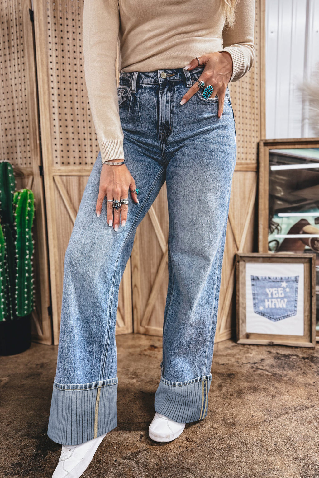 Cuffed Straight Leg Loose Jeans