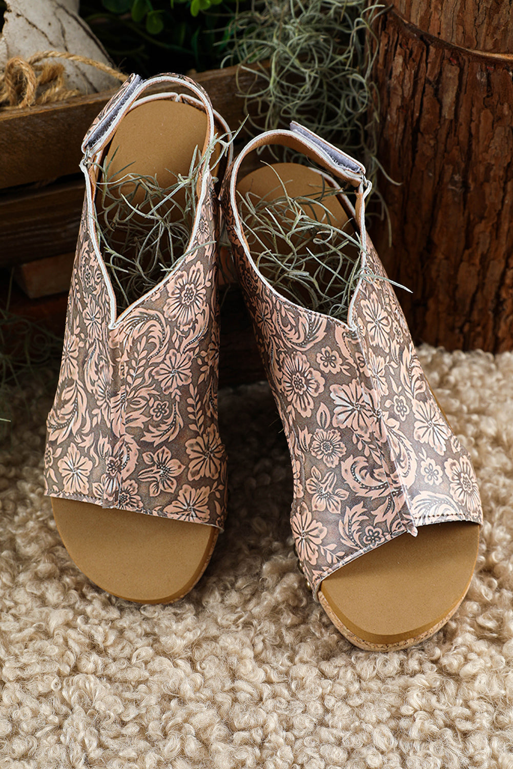 Vintage Floral Faux Leather Platform Sandals