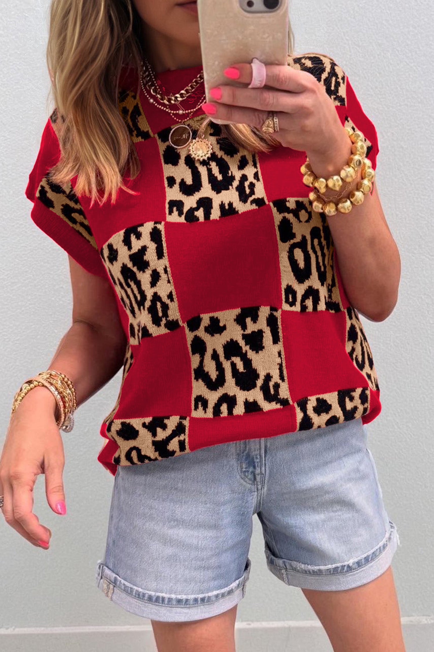 Red Leopard Checkered Short Sleeve Knit Sweater