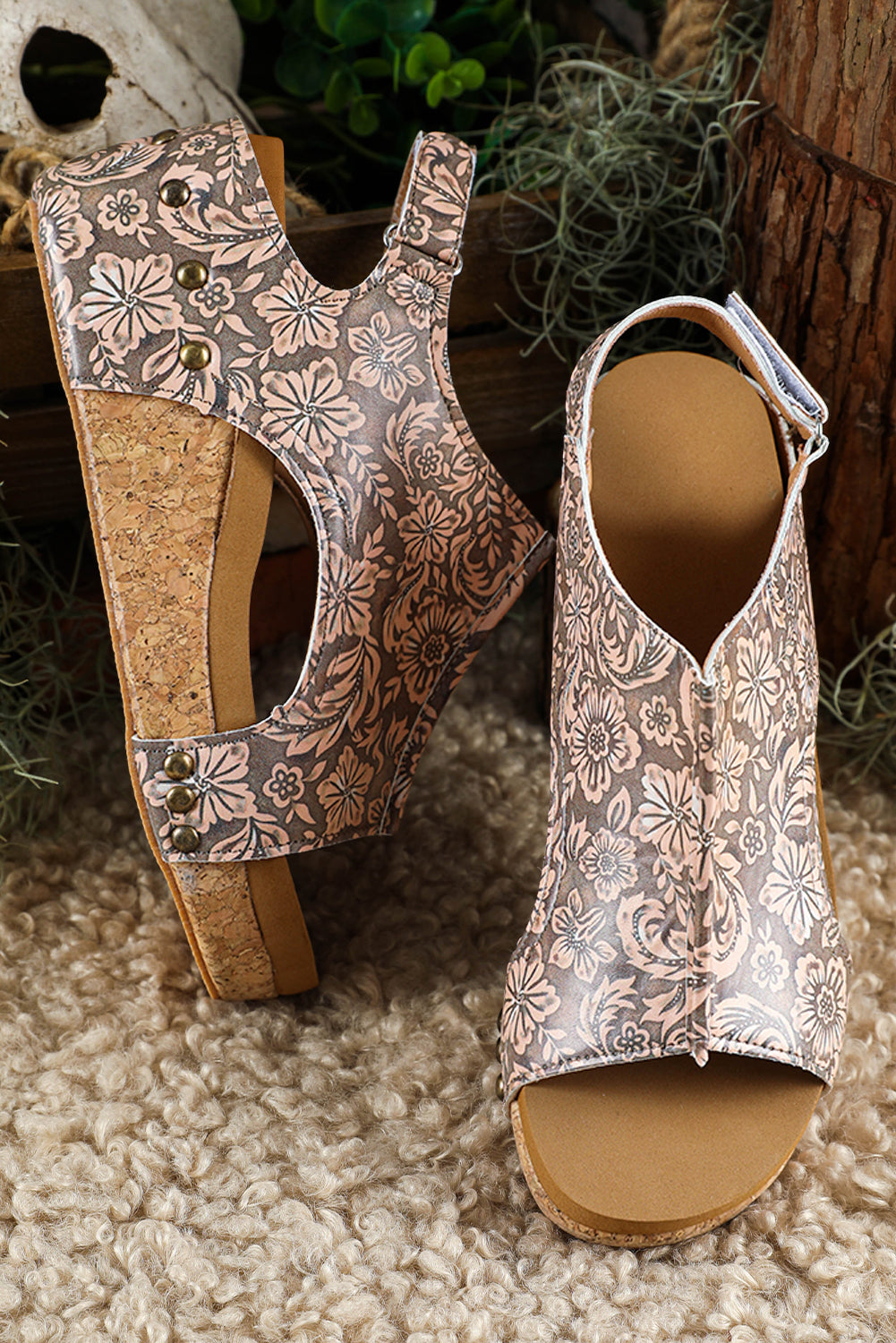 Vintage Floral Faux Leather Platform Sandals