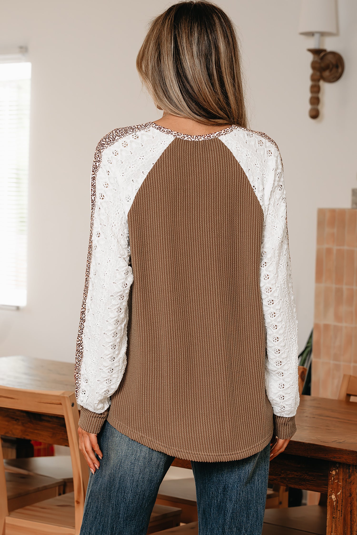 Vineyard Green Twisted Ribbed Leopard Lace Contrast Patchwork Long Sleeve Top