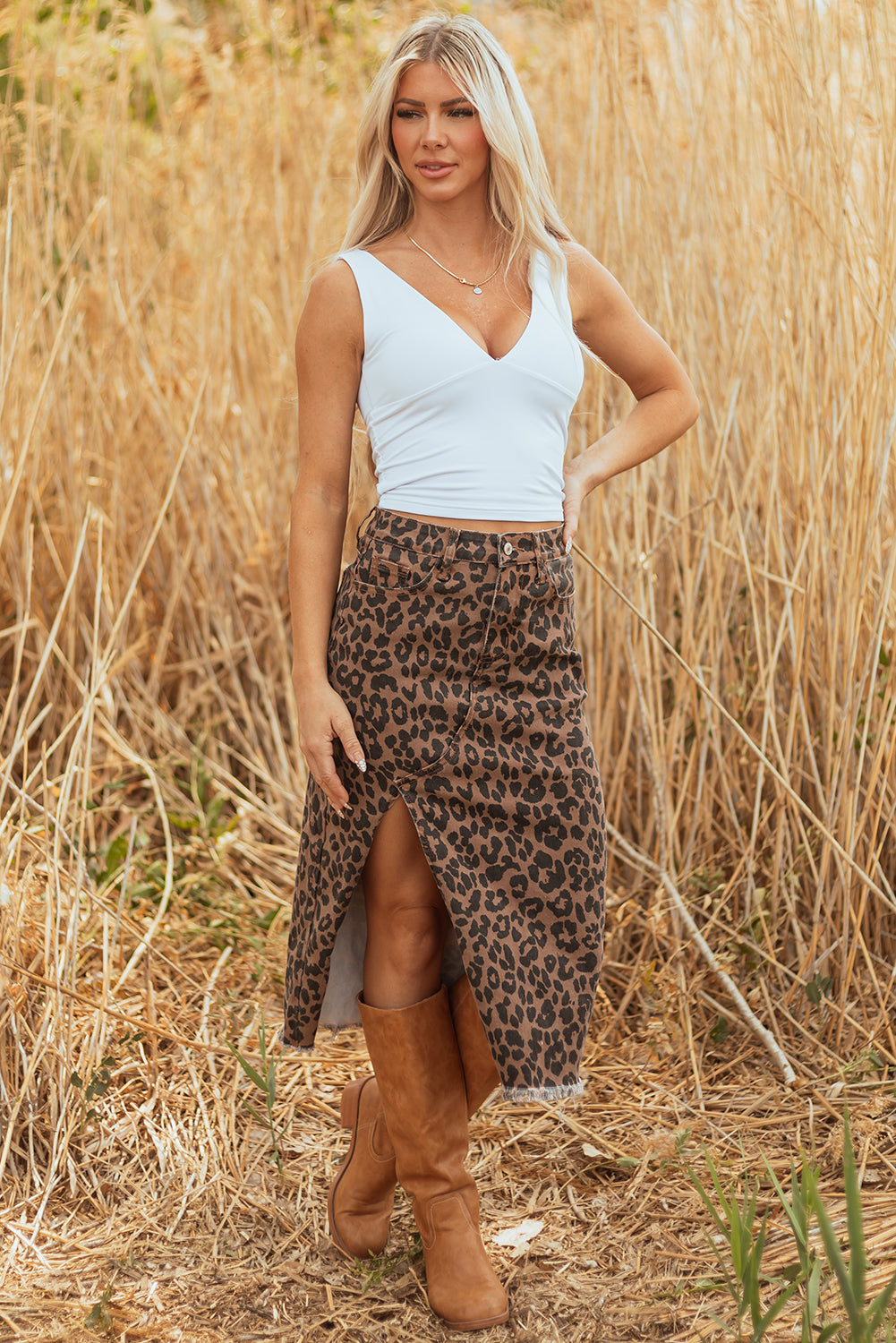 Leopard Frayed Split Denim Skirt