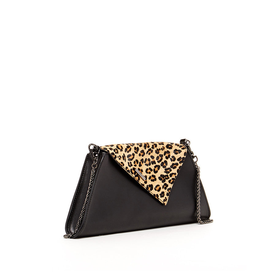 Black Leather and Leopard Clutch Bag