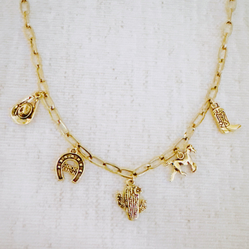 Western Charm Necklace – Cactus, Horseshoe & Boot
