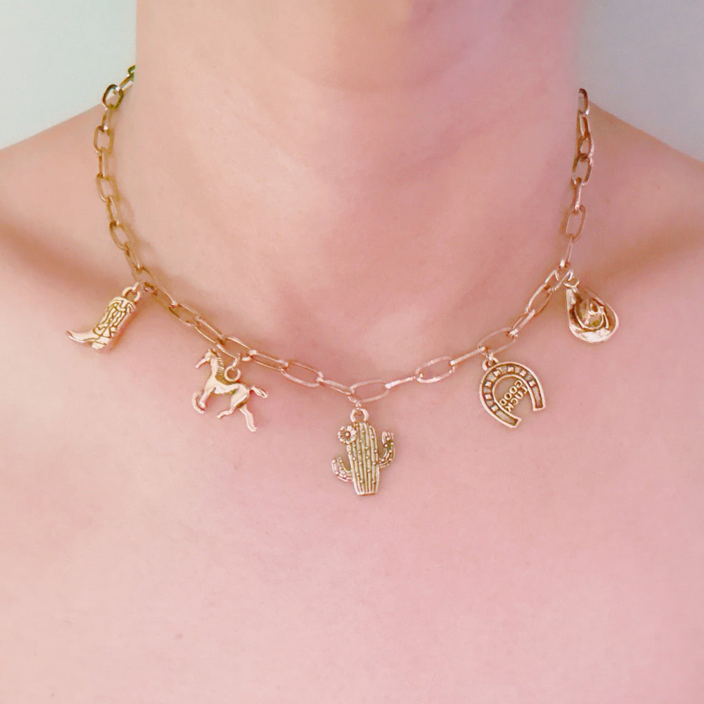 Western Charm Necklace – Cactus, Horseshoe & Boot