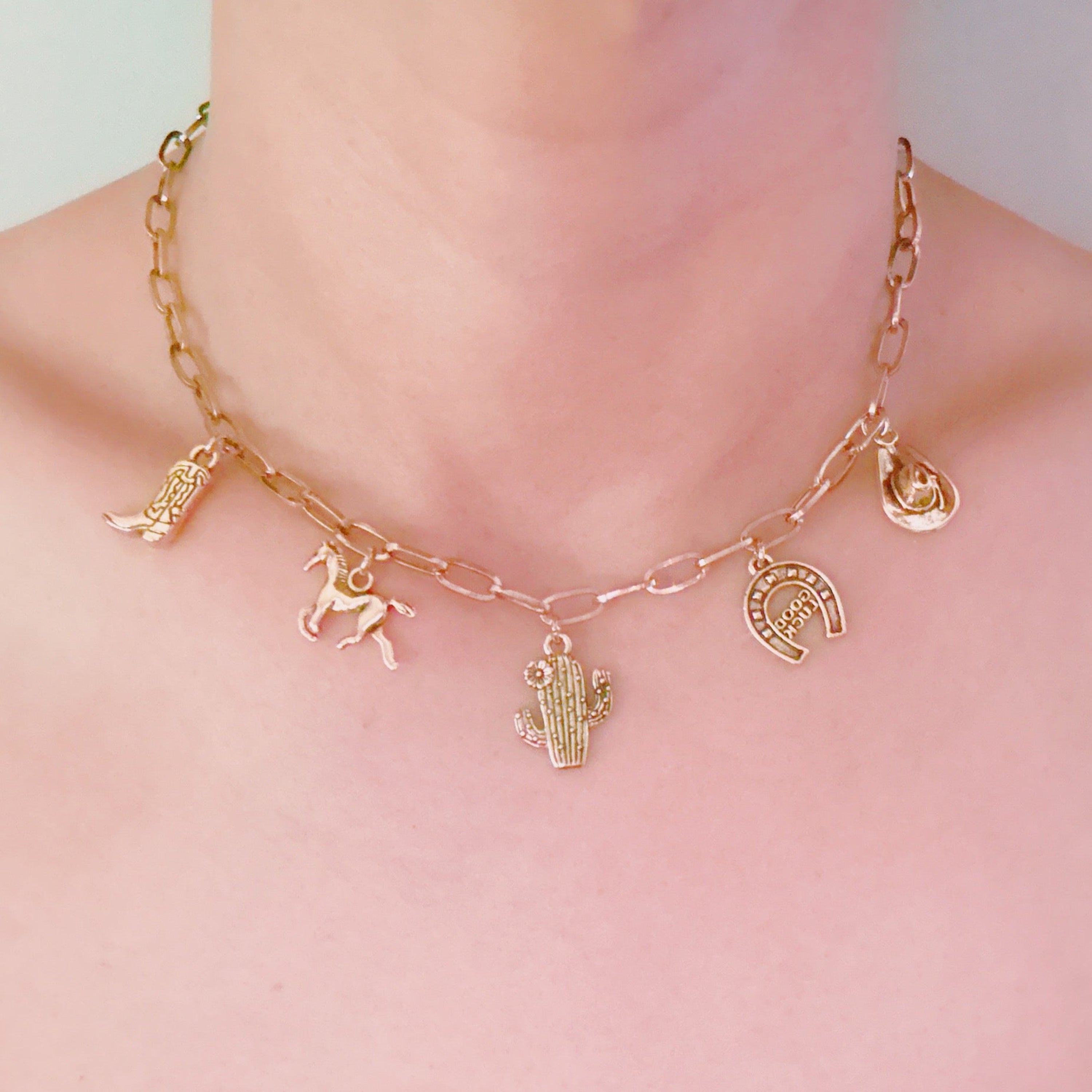 Western Charm Necklace – Cactus, Horseshoe & Boot