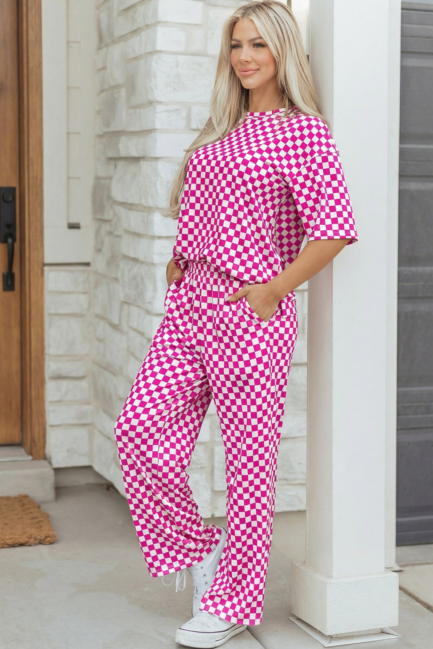 Pink Checkered Two-Piece Lounge Set