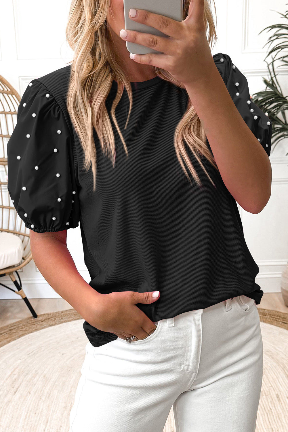 Pearl Beaded Puff Sleeve Blouse