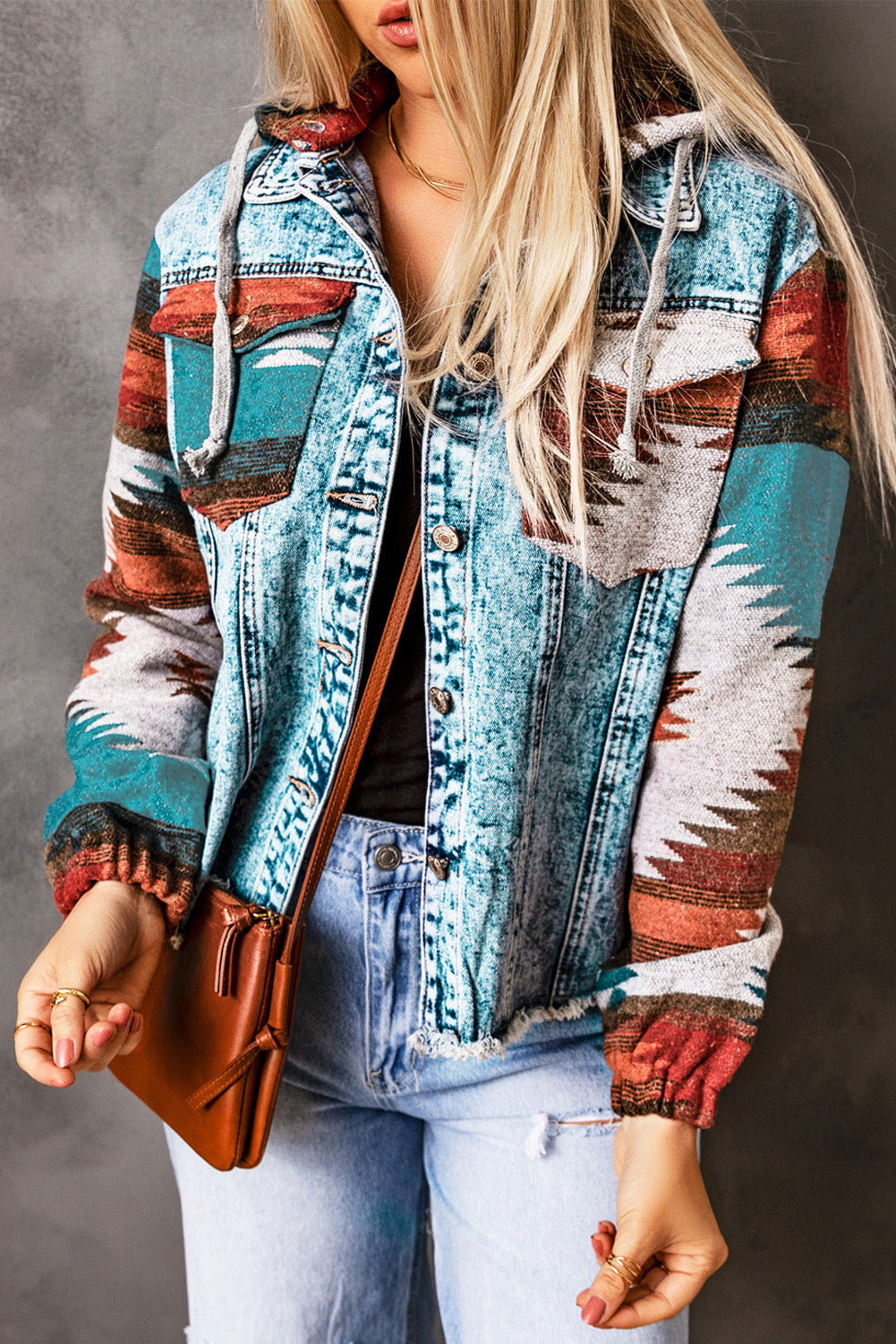 Frayed Hem Aztec Denim Jacket
