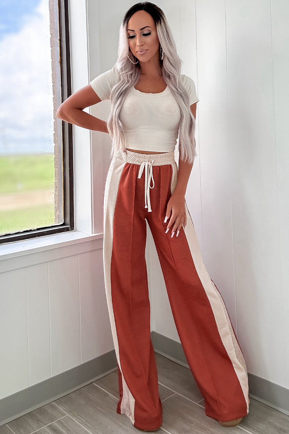 Color Block Drawstring Wide Leg Pants